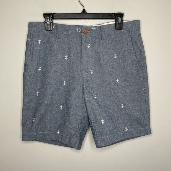 J CREW Shorts Mens 32 x 9 Blue Chambray Gramercy Chino Nautical Print Cotton - Picture 1 of 8